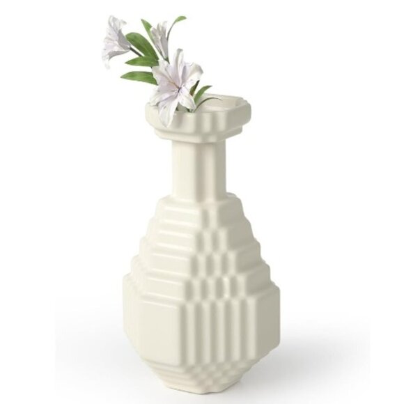 White Checkered Decorative Mosaic Plaid Design Ceramic Vase, 9.5 Inch - Picture 1 of 6